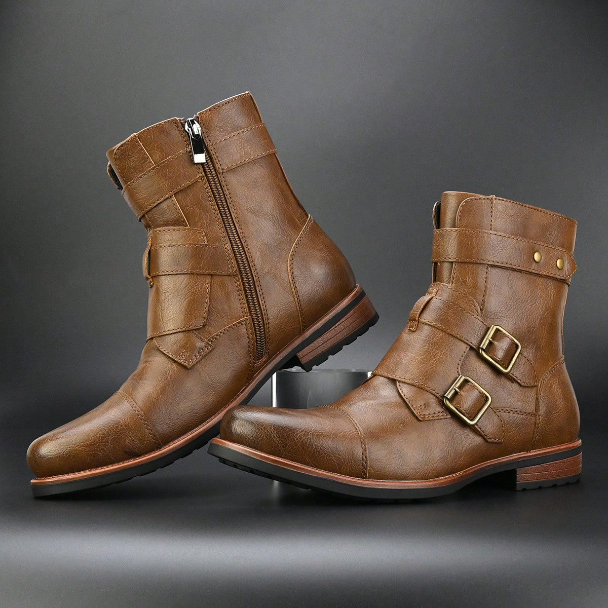 Men's Low Top Nude Boots Metal Buckle Side Zipper Fashion Men's Boots