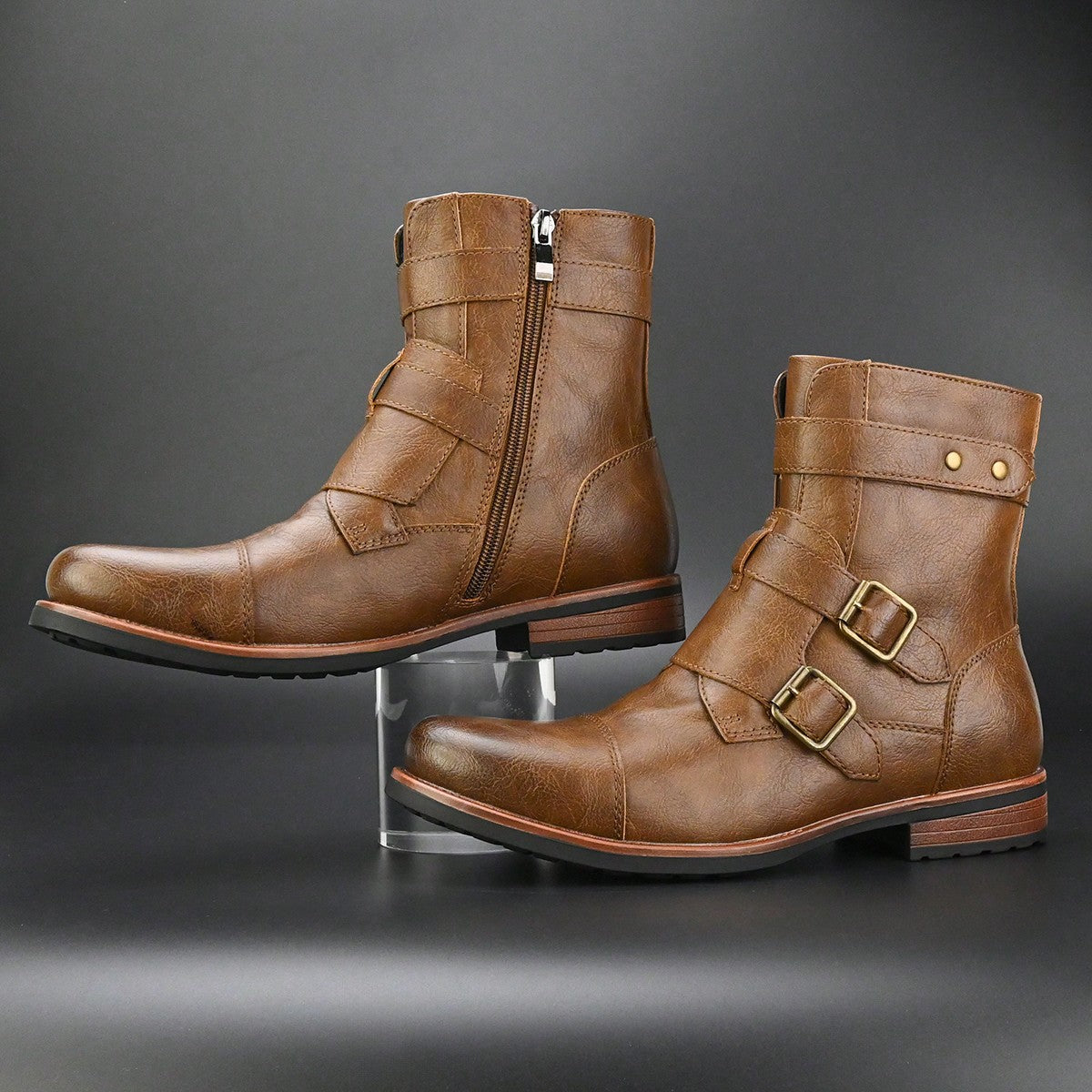Men's Low Top Nude Boots Metal Buckle Side Zipper Fashion Men's Boots